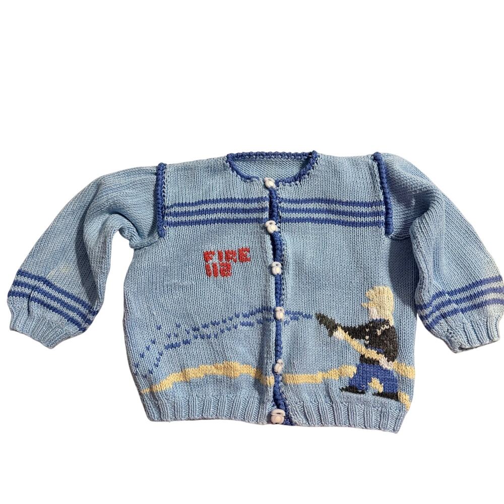 Handmade handknit child’s blue firemen firefighter sweater cardigan vintage